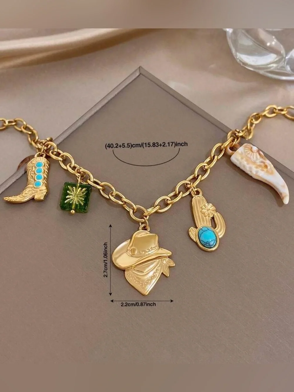 Gold Western Charm Necklace with Turquoise Accents